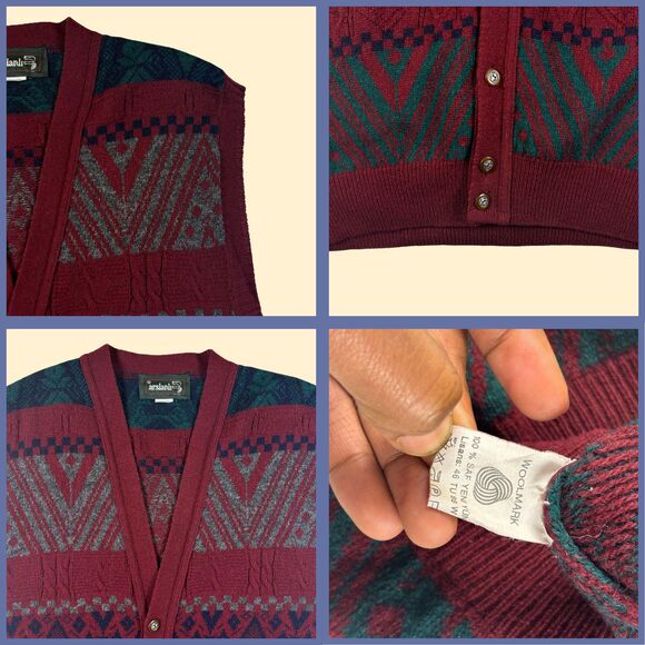 1990s geometric Arslanli wool vest, size L vintage burgundy/green sweater vest - Picture 4 of 8